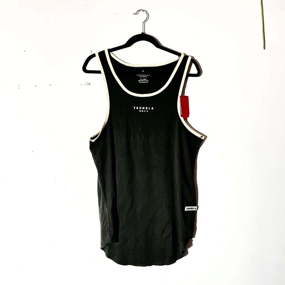 YoungLA Tank Top Mens XXL Dark Green Ribbed Cream Trim